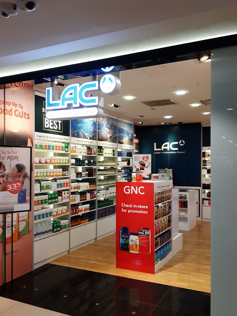 A well-lit entrance of LAC Nutrition For Life, showcasing health supplements and wellness products.