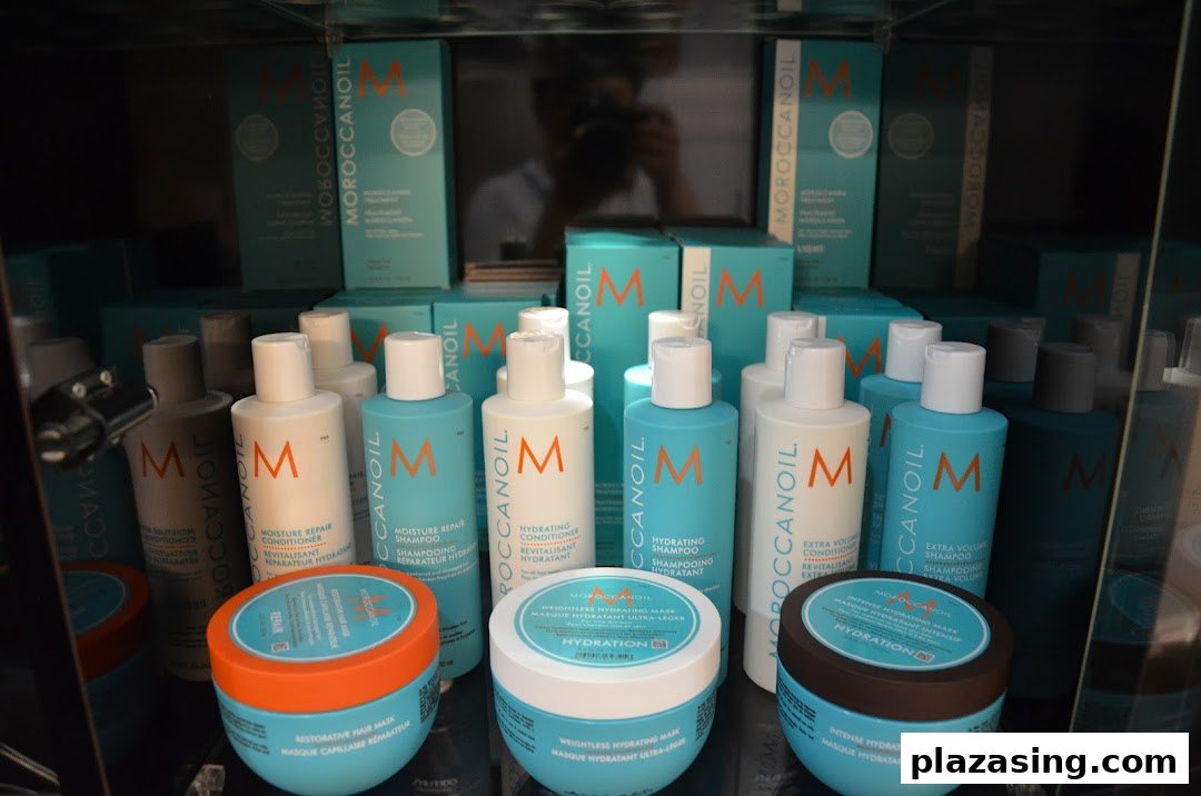 A vibrant display of Moroccanoil hair care products, including shampoos, conditioners, and masks.