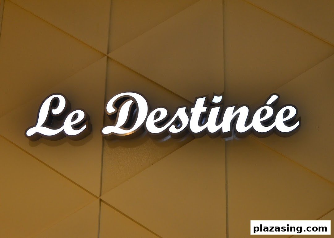 Close-up of the illuminated 'Le Destinee' shop sign on a textured golden wall.