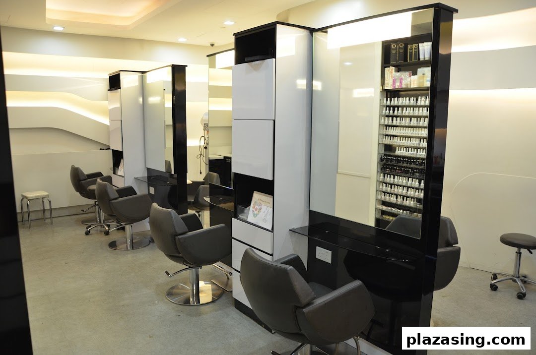Interior view of a modern salon with styling chairs, mirrors, and product displays.