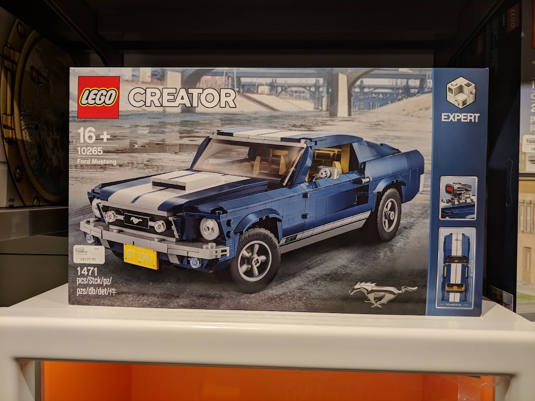 A detailed view of the LEGO Creator Expert Ford Mustang set box on display.