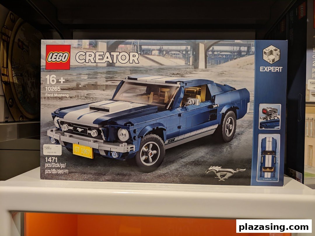 A detailed view of the LEGO Creator Expert Ford Mustang set box on display.