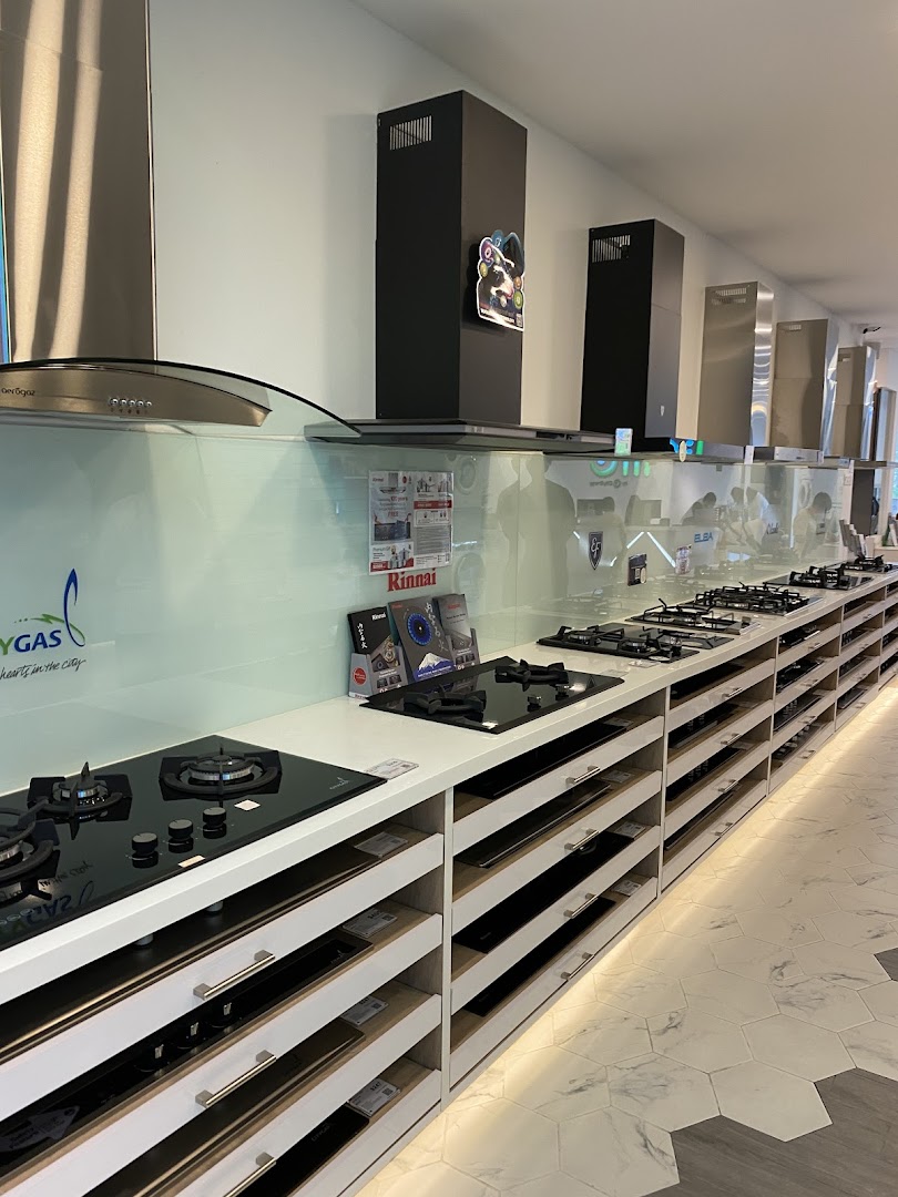 Interior view of Life by City Energy showcasing various kitchen cooktops and range hoods.