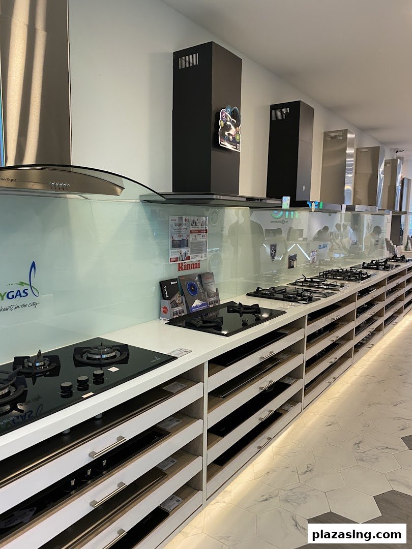 Interior view of Life by City Energy showcasing various kitchen cooktops and range hoods.