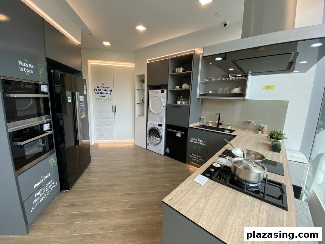 A modern kitchen showroom featuring integrated appliances, smart storage solutions, and contemporary design.