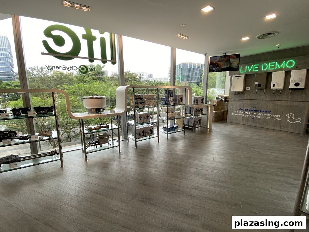Interior view of Life by City Energy, showcasing home appliances and a gas water heater demo area.