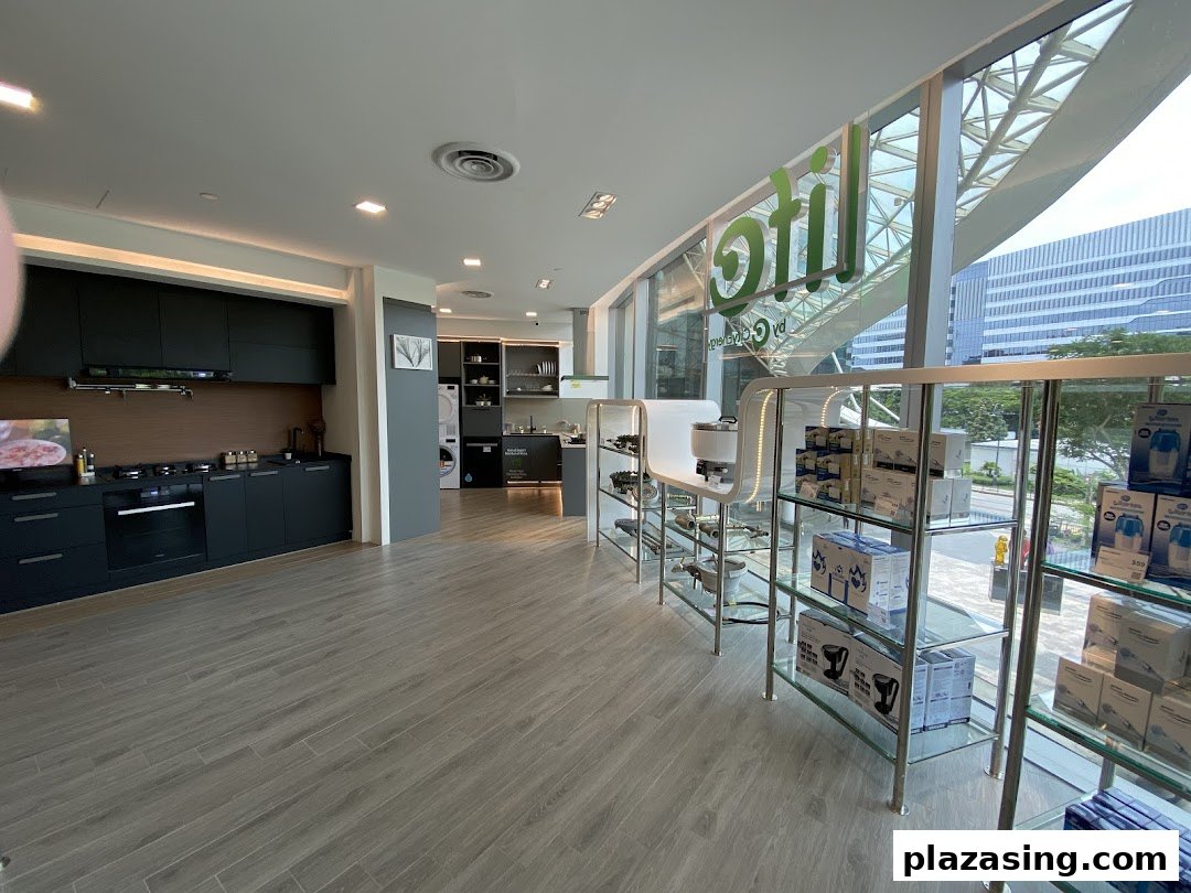 A modern showroom featuring kitchen displays, home appliances, and energy solutions.