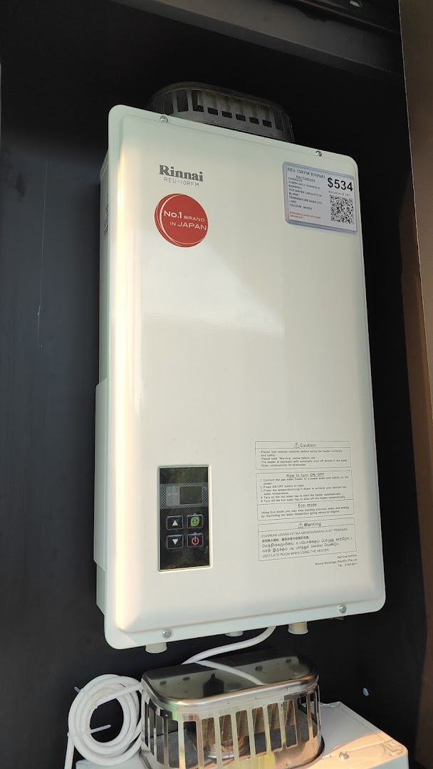 A white Rinnai water heater with product details and price tag displayed in a retail setting.