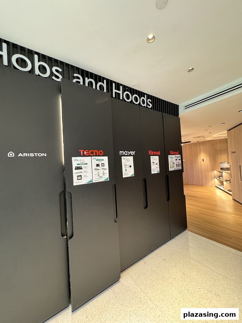 An interior view of Life by City Energy showcasing kitchen hobs and hoods from various brands.