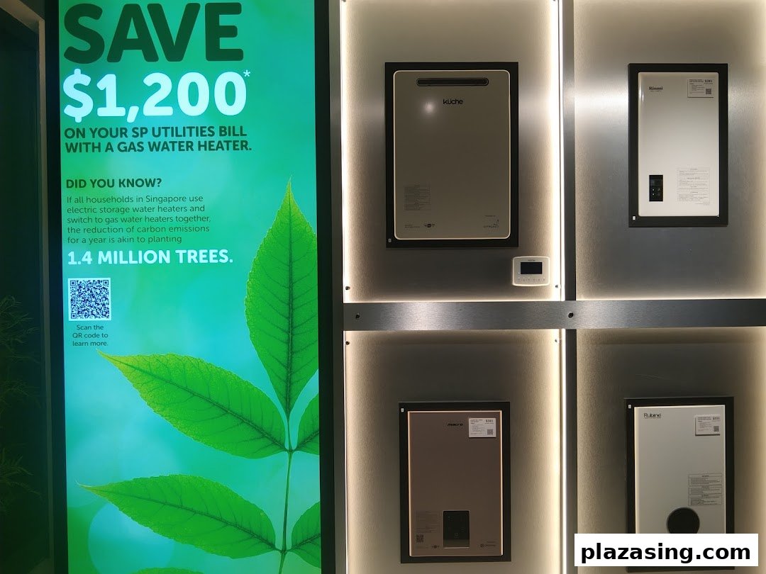 An interior display showcasing gas water heaters and a promotional sign about energy savings.