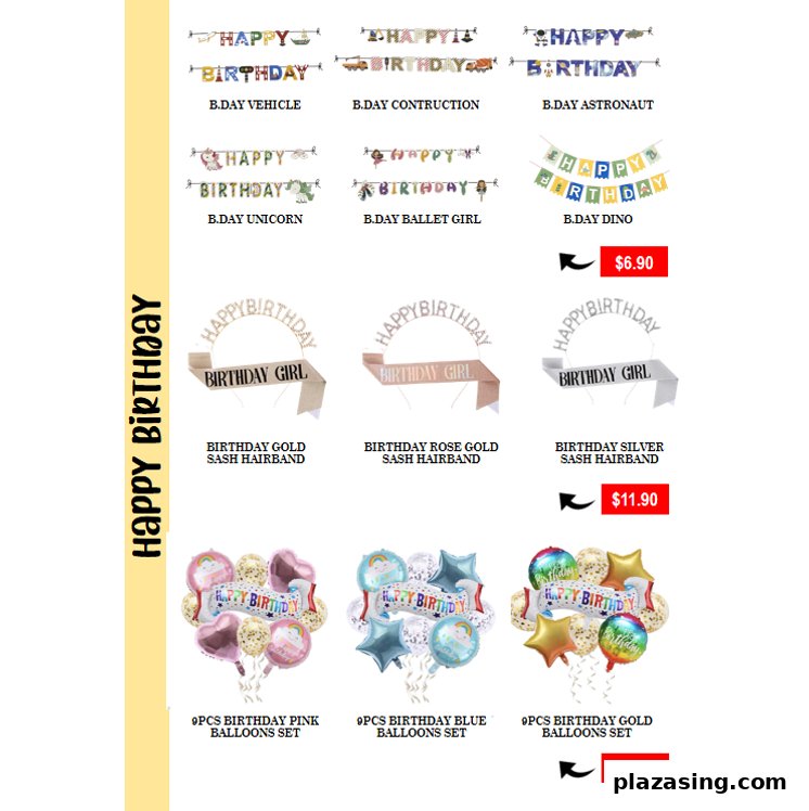 A display of various birthday party supplies including banners, sash hairbands, and balloon sets with prices.