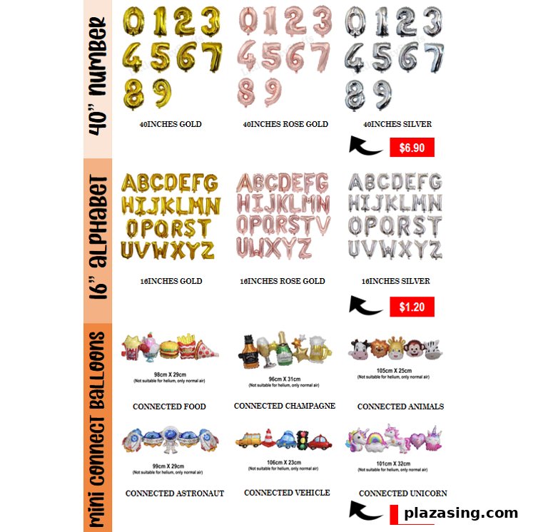 A catalog displaying various foil balloons including numbers, alphabets, and themed designs with prices.