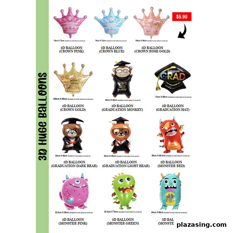 A catalog page showcasing various large 3D balloons, including crowns, graduation, and monster designs.