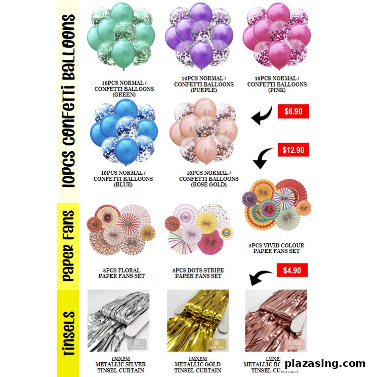 A product catalog displaying various party supplies like balloons, paper fans, and tinsel curtains with prices.