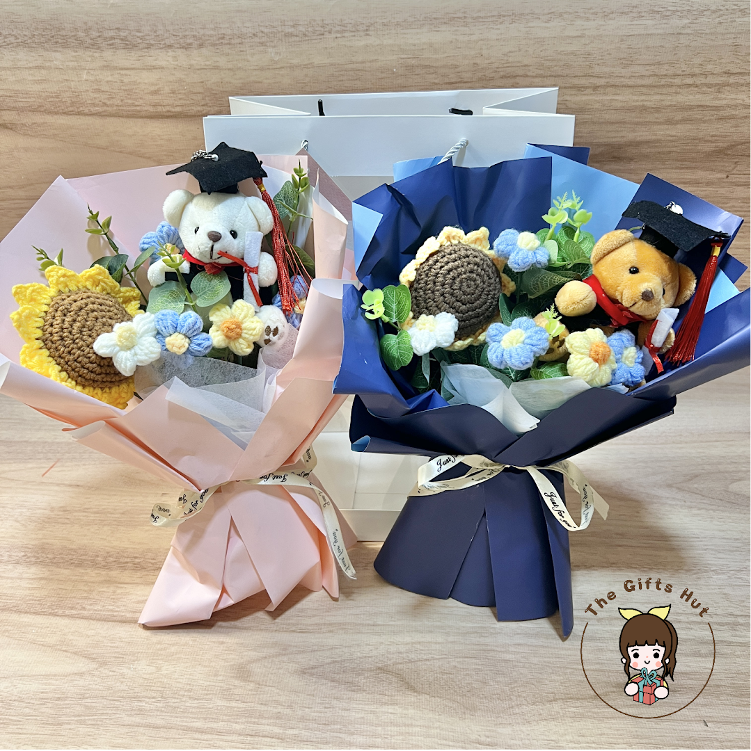Two charming graduation bouquets featuring teddy bears, crocheted sunflowers, and other flowers.