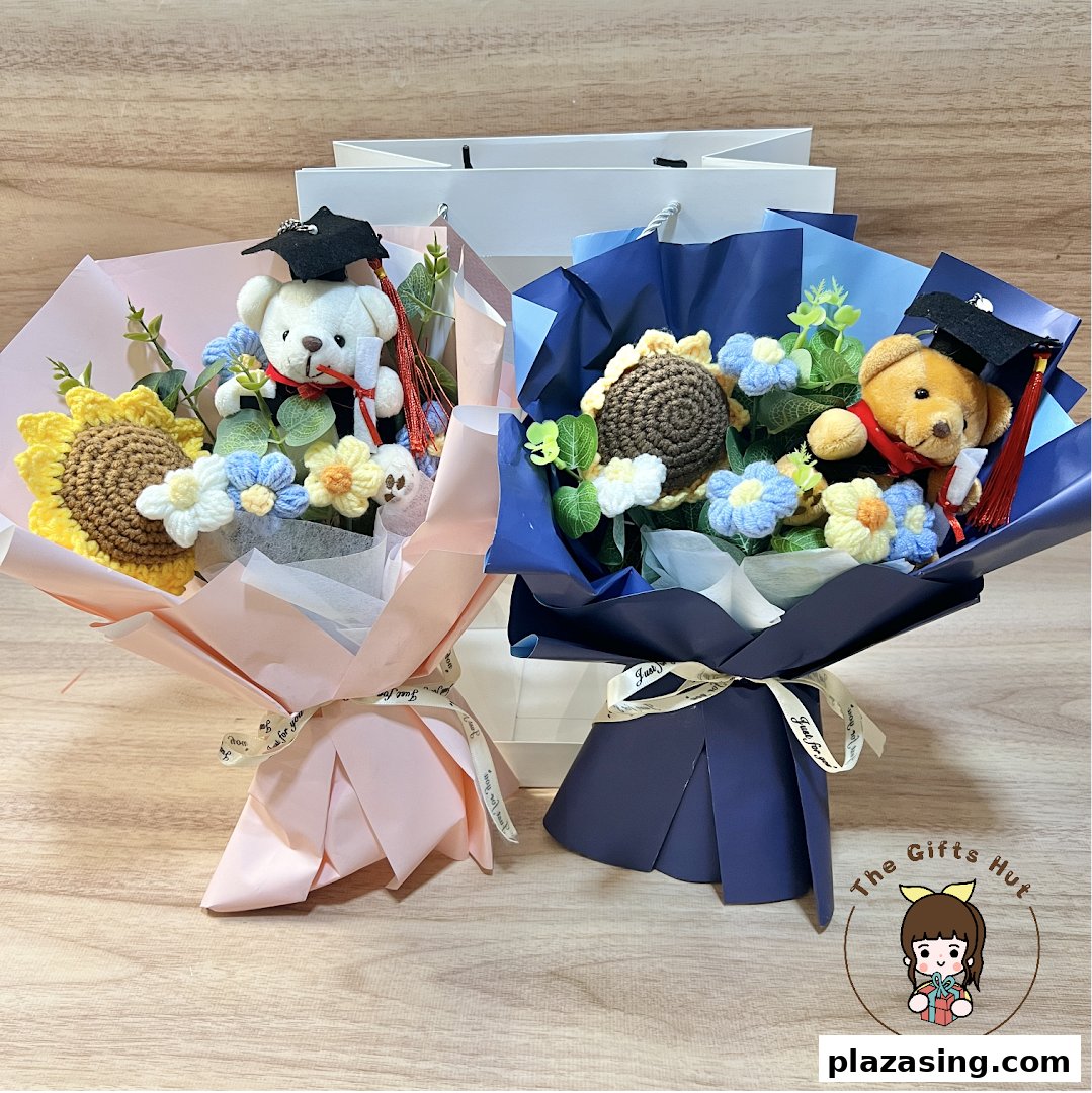Two charming graduation bouquets featuring teddy bears, crocheted sunflowers, and other flowers.
