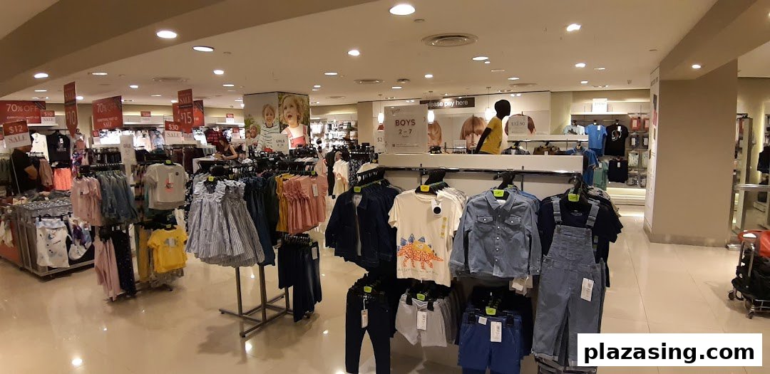 Interior view of a Marks & Spencer store featuring children's clothing racks and sale signs.