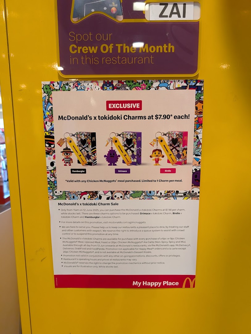 A promotional poster for McDonald's x tokidoki charms, featuring character keychains and offer details.
