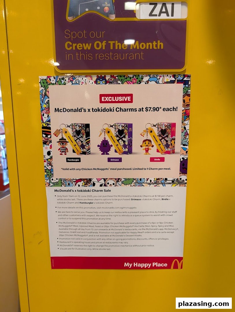 A promotional poster for McDonald's x tokidoki charms, featuring character keychains and offer details.