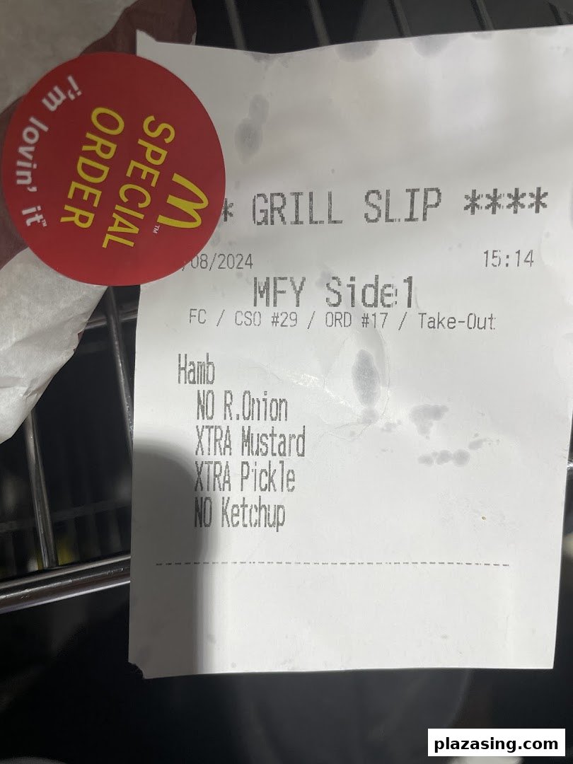 A McDonald's special order sticker and a grill slip showing a customized hamburger order.