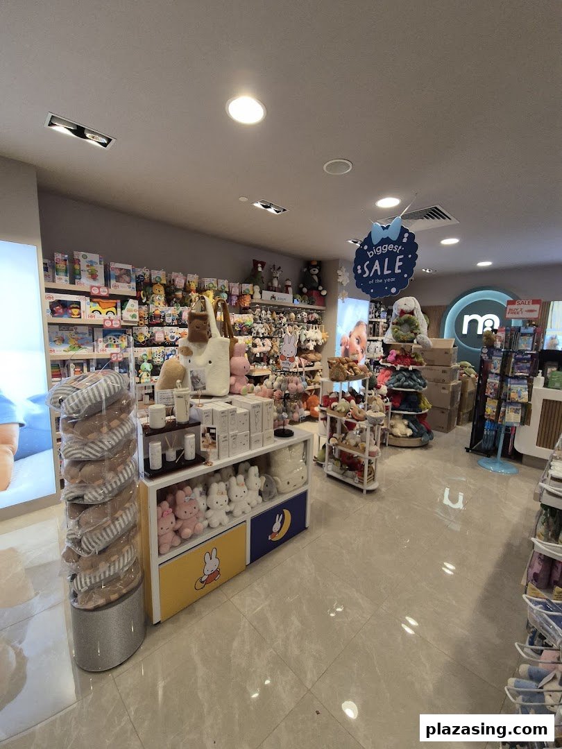 Interior view of Mothercare, showcasing a wide range of baby products, toys, and plushies, with a "biggest SALE" sign.