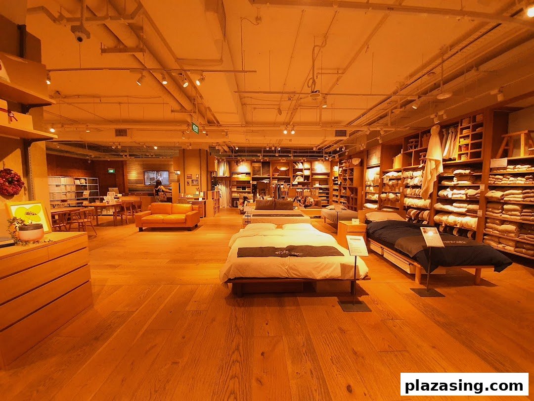 Spacious MUJI store interior showcasing furniture, bedding, and home essentials in a warm, minimalist setting.