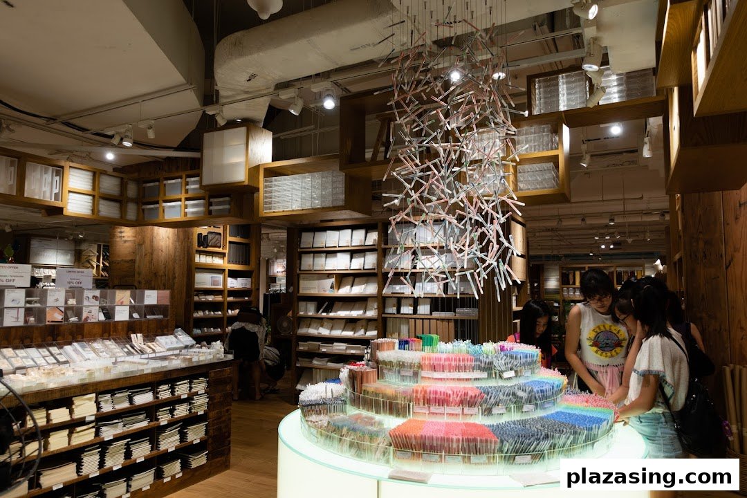 Customers browse stationery and home goods in the minimalist interior of MUJI Plaza Singapura.
