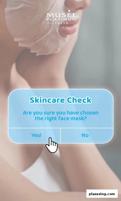 A person with a face mask and a digital prompt asking about skincare choices from Musee Platinum Tokyo.