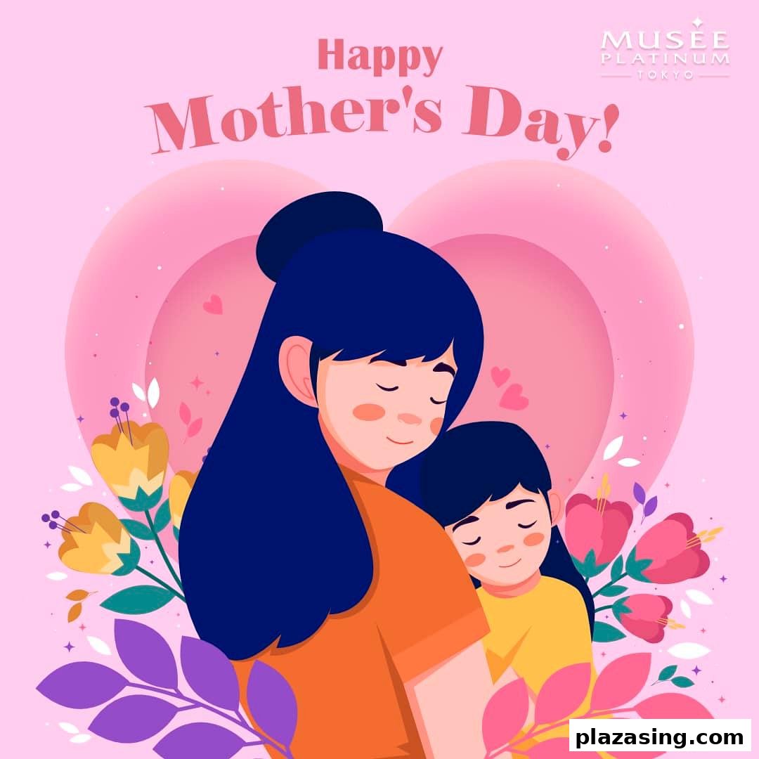 An illustration of a mother and child with flowers, celebrating Mother's Day from Musee Platinum Tokyo.
