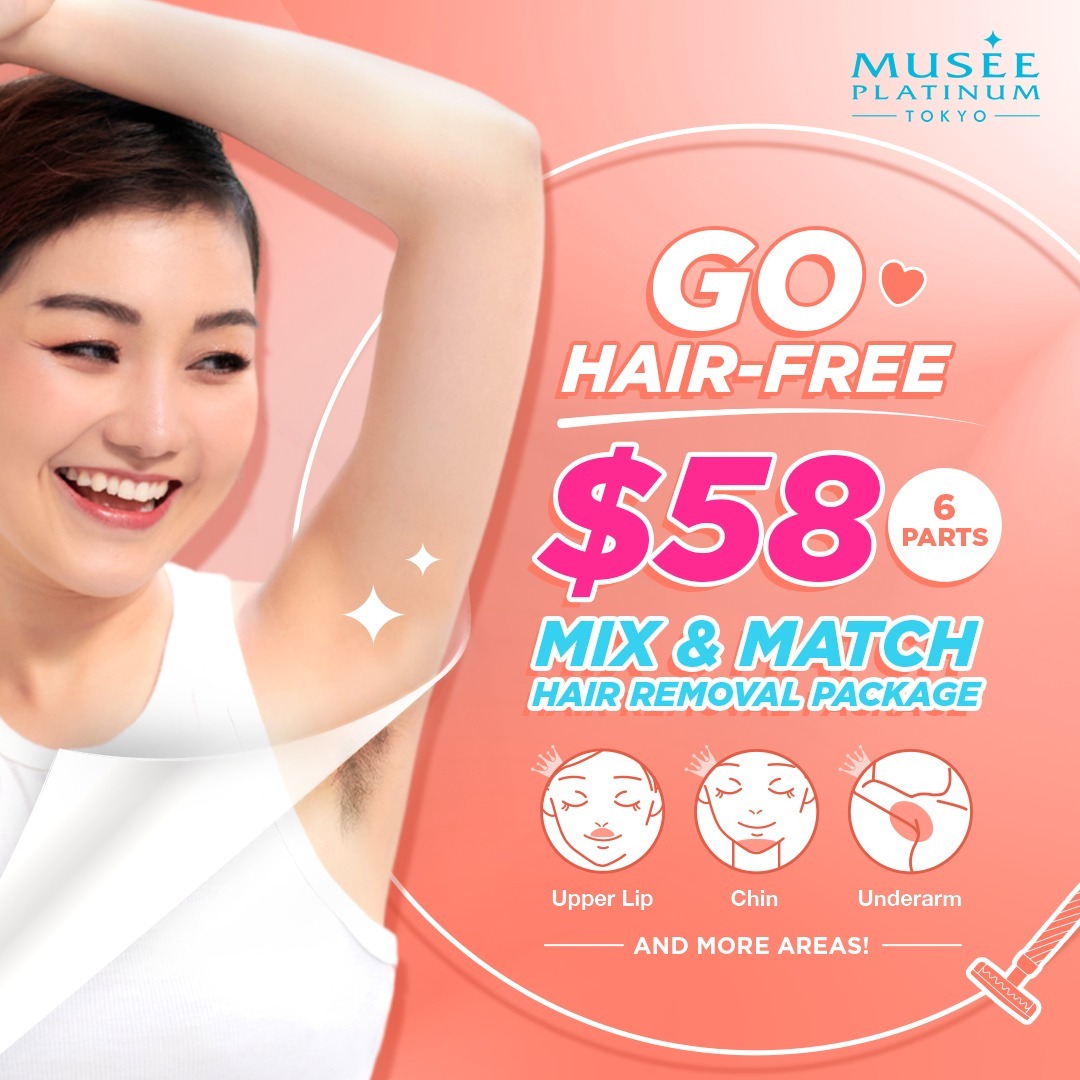 A smiling woman promotes Musee Platinum Tokyo's $58 hair removal package for 6 parts.