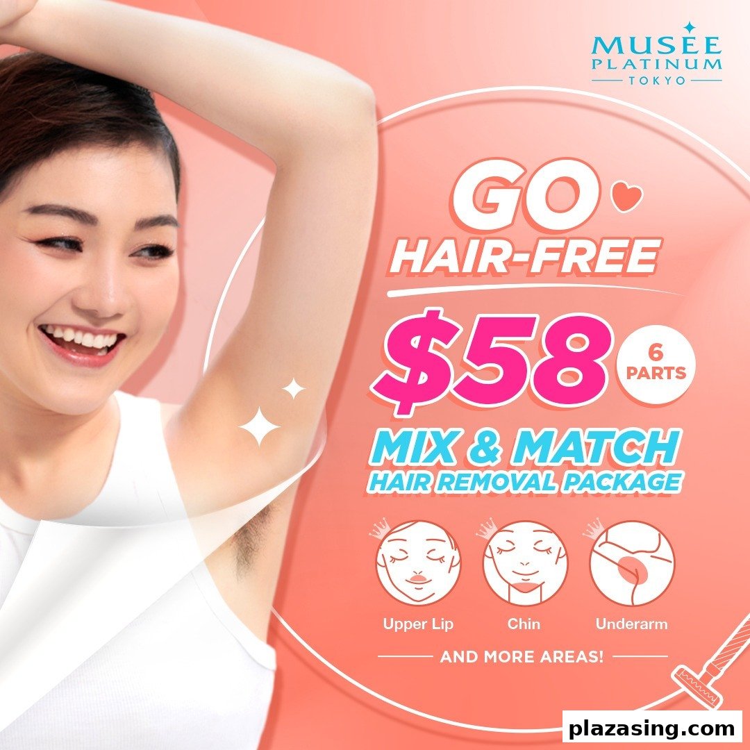 A smiling woman promotes Musee Platinum Tokyo's $58 hair removal package for 6 parts.
