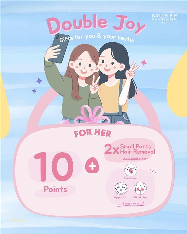 Animated graphic promoting Musee Platinum Tokyo's 'Double Joy' hair removal offer for friends.