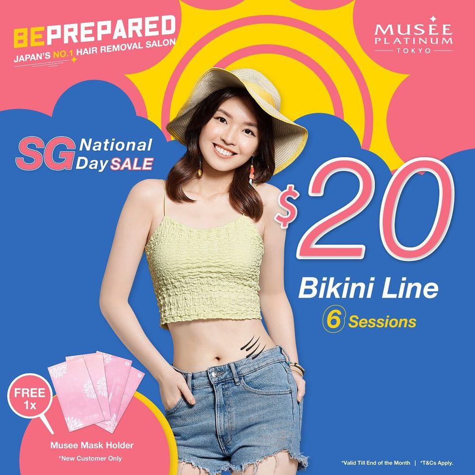 A promotional graphic for Musee Platinum Tokyo featuring a model and a $20 bikini line hair removal offer.