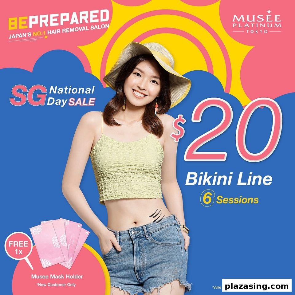 A promotional graphic for Musee Platinum Tokyo featuring a model and a $20 bikini line hair removal offer.