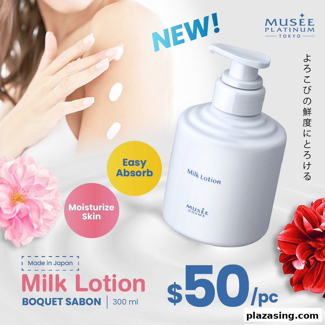 New Musee Platinum Tokyo Milk Lotion, highlighting its moisturizing and easy-absorb features.