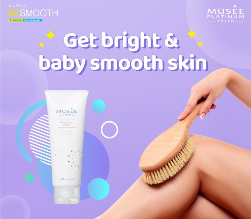 Promotional image for Musee Cosme Smooth Body Scrub, featuring a product and a person achieving smooth skin.