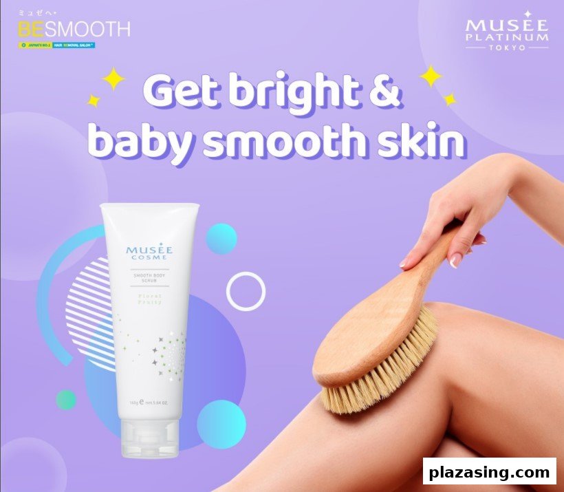 Promotional image for Musee Cosme Smooth Body Scrub, featuring a product and a person achieving smooth skin.