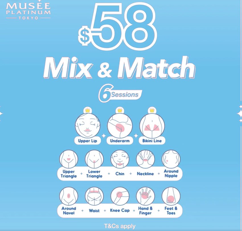 An advertisement for Musee Platinum Tokyo's $58 Mix & Match 6-session hair removal package.