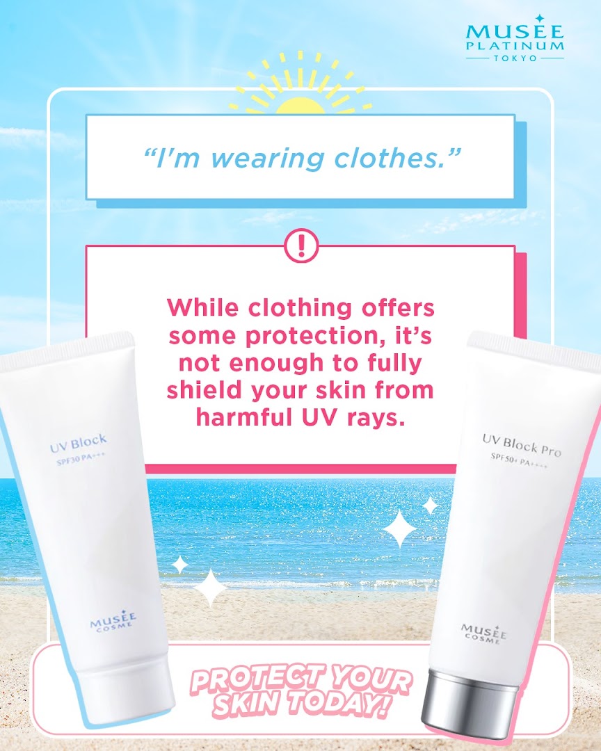 Promotional image for Musee Cosme UV Block sunscreens with a beach background.