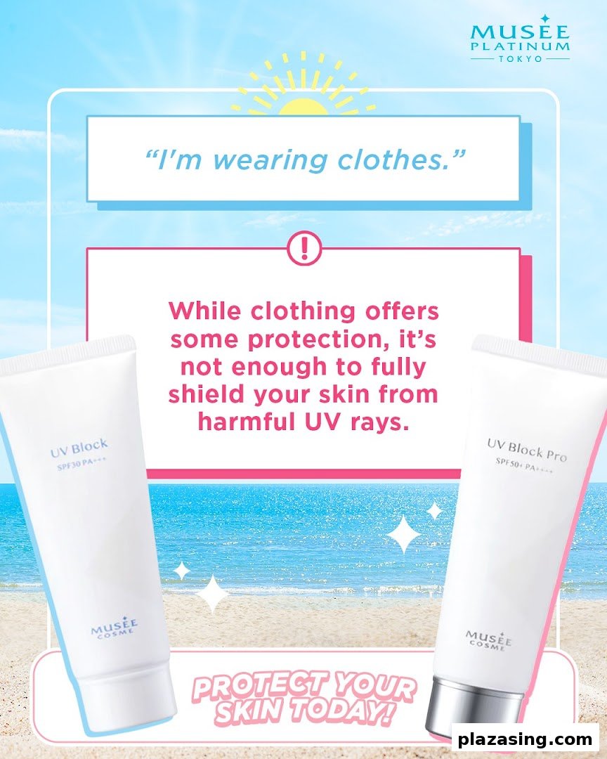 Promotional image for Musee Cosme UV Block sunscreens with a beach background.