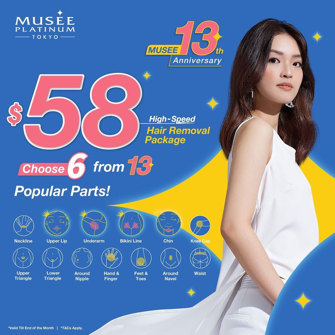 An advertisement for Musee Platinum Tokyo's $58 High-Speed Hair Removal Package, featuring 13 popular body parts.