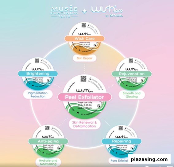 Diagram showcasing various Wishpro skincare treatments like brightening, anti-aging, and rejuvenation.