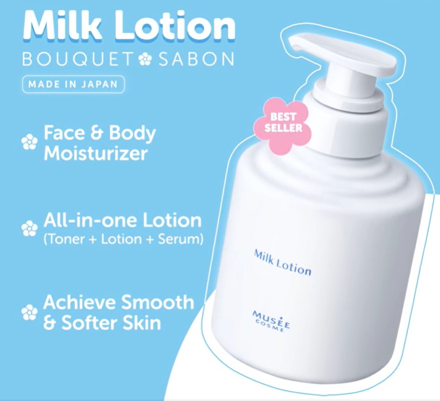 Image features a white bottle of 'Milk Lotion' by Musee Cosme, highlighting its benefits as a best-selling all-in-one moisturizer.