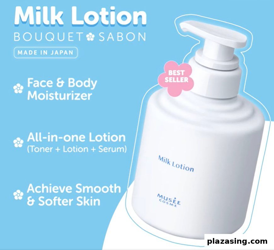 Image features a white bottle of 'Milk Lotion' by Musee Cosme, highlighting its benefits as a best-selling all-in-one moisturizer.