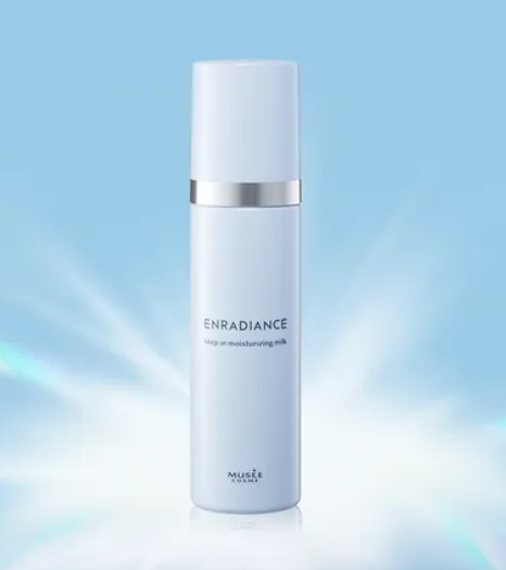 A white bottle of ENRADIANCE step in moisturizing milk by MUSEE COSME on a blue background.