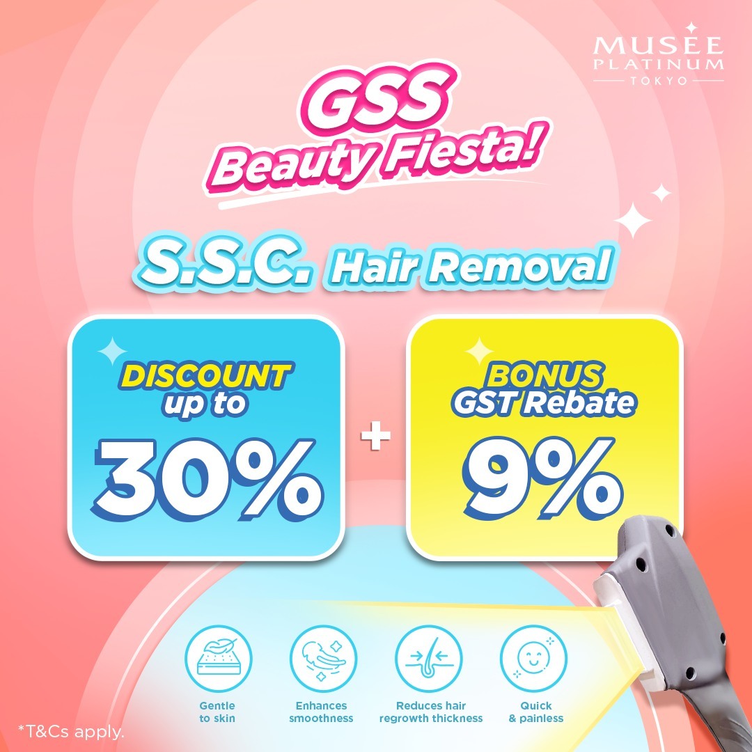 A promotional graphic for Musee Platinum Tokyo's S.S.C. Hair Removal service, featuring discounts and GST rebate.