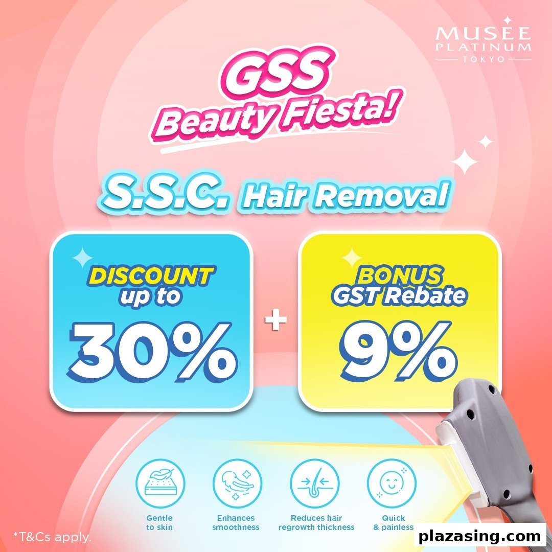 A promotional graphic for Musee Platinum Tokyo's S.S.C. Hair Removal service, featuring discounts and GST rebate.