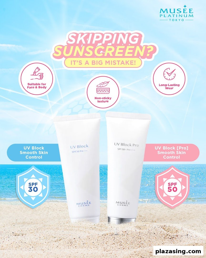 Musee Cosme sunscreens displayed with benefits against a beach backdrop, promoting skin protection.