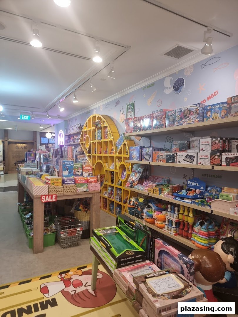 Interior view of a children's shop featuring educational toys, games, and books on display.