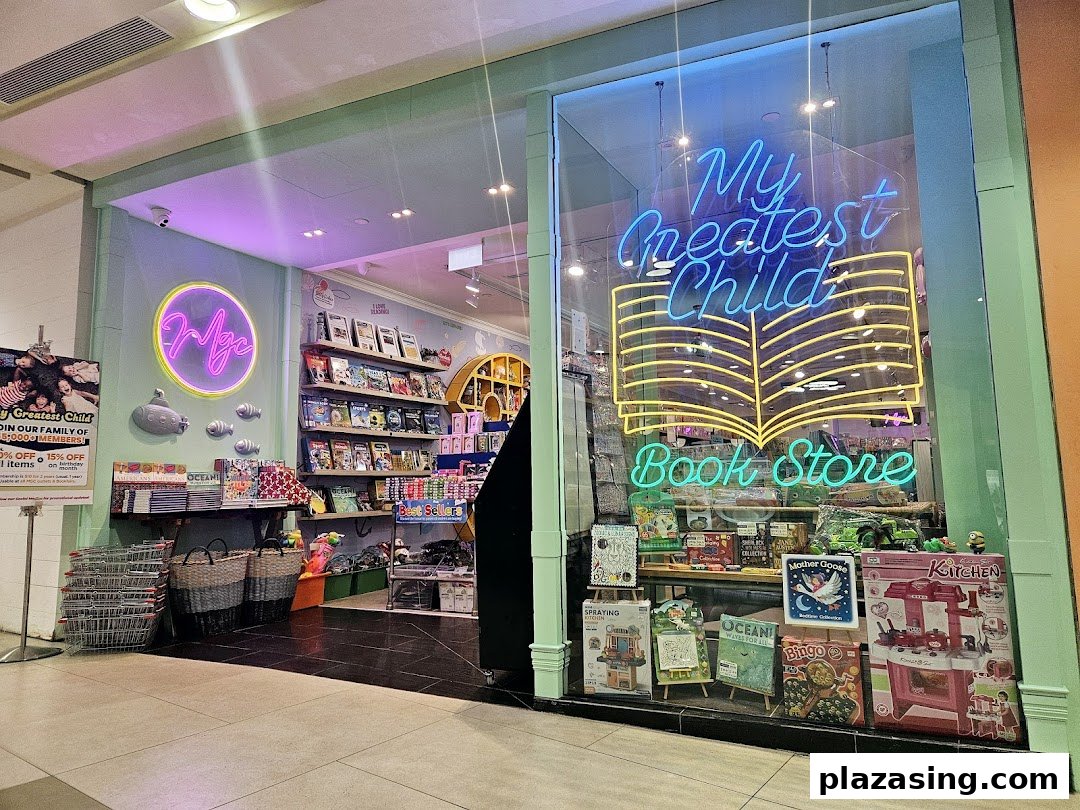 Brightly lit entrance of My Greatest Child bookstore, featuring neon signs and a vibrant display of children's books and educational toys.